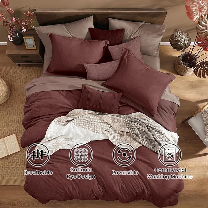 Monbix California King Comforter Set - 7 Pieces Cationic Dyeing Dark Red Bed in a Bag Cal King Bedding Sets with Comforter, Sheets, Pillowcases & Shams, Reversible Bedding Comforters Sets (108 * 92)