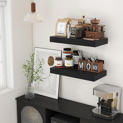 Deep Floating Shelves for Wall, 24W x 12D Black Floating Shelves Set of 2, 12'' Deep Large Wood Shelves for Living Room Bathroom Laundry Room Bedroom Kitchen Home Office - Black