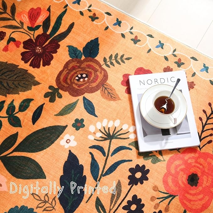 Round Rug 4ft Washable Circle Rug Non Slip Low Pile Boho Floral Small Circular Rug for Bedroom, Bathroom, Entryway, Kids Room, Office, College Dorm(Yellow)