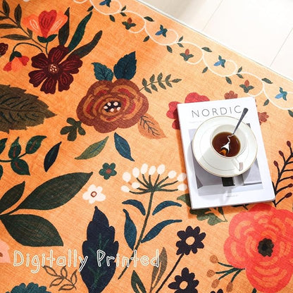 Round Rug 4ft Washable Circle Rug Non Slip Low Pile Boho Floral Small Circular Rug for Bedroom, Bathroom, Entryway, Kids Room, Office, College Dorm(Yellow)
