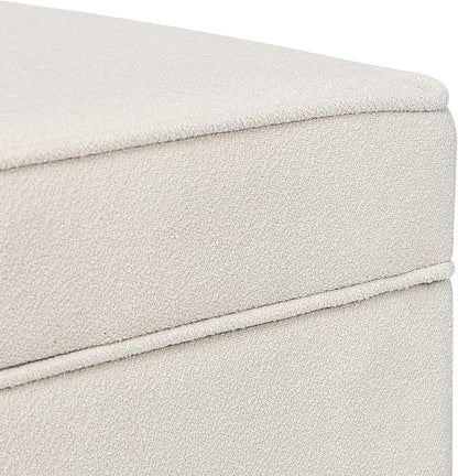 Adeco 17.5" Square Fabric Ottoman with Storage - Upholstered Cotton Linen Foot Rest - Flip Top Footstool with Sturdy Wood Legs, Small Cube Coffee Table Extra Seat for Living Room, Bedroom, White
