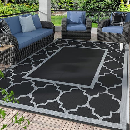 GENIMO 8' x 10' Outdoor Rug Patio Waterproof, Reversible Plastic Straw Area Rugs Mat for Camper Decor, Outside Carpet for Camping, Rv, Deck, Porch, Picnic, Beach, Balcony, Black & Grey