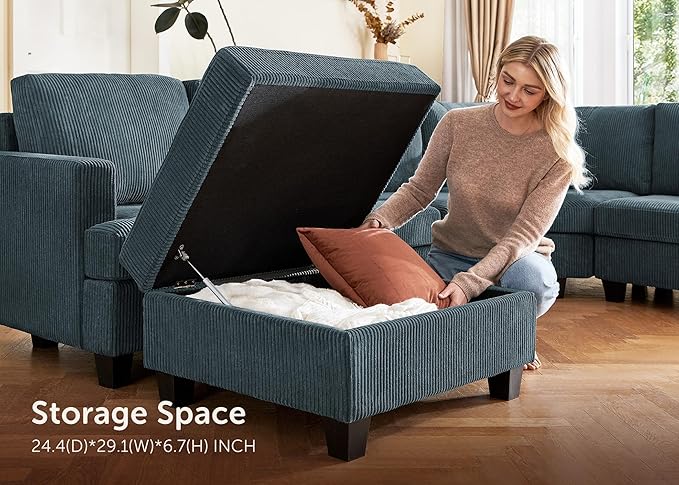 Nolany Modular Sectional Couch with Storage Ottoman, Corduroy Sleeper Sectional Sofa with Chaise, Sectional Couches for Living Room, Blue