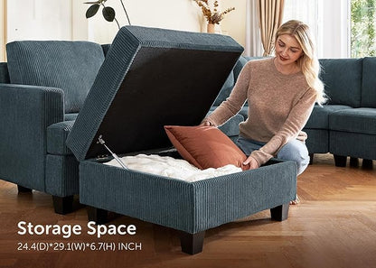 Nolany Modular Sectional Couch with Storage Ottoman, Corduroy Sleeper Sectional Sofa with Chaise, Sectional Couches for Living Room, Blue