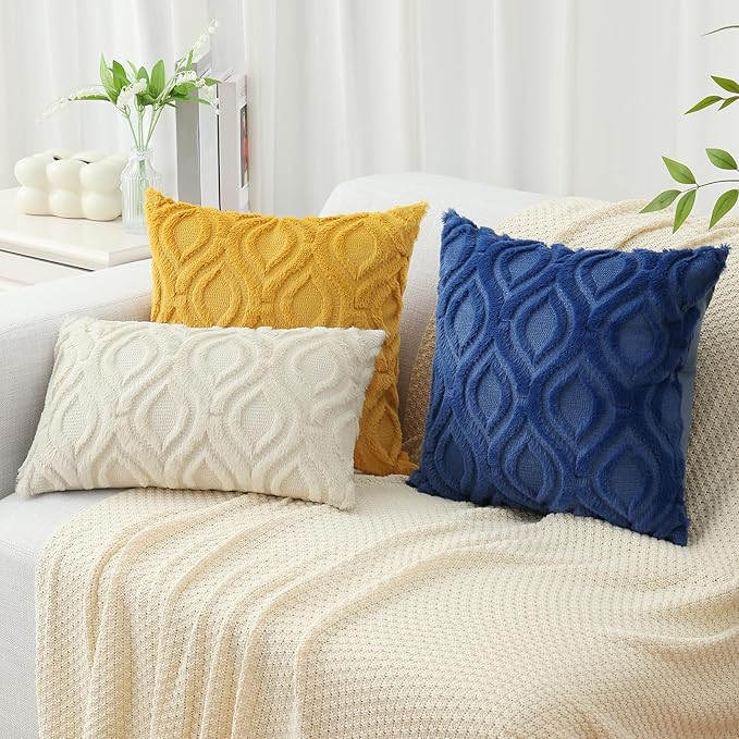 decorUhome Fall Throw Pillow Covers 18x18 Inch Set of 2, Soft Plush Decorative Faux Fur Dark Blue Solid Couch Pillow Covers, Accent Farmhouse Neutral Square Euro Pillow Cases for Sofa Bed Living Room