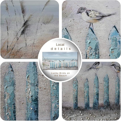 amatop Ocean Beach Wall Art 3D Framed Hand-Painted Seascape Oil Painting Perching Bird Canvas Artwork 'The Tranquility by The Sea Shore' for Living Room Bedroom Decor Coastal Blue