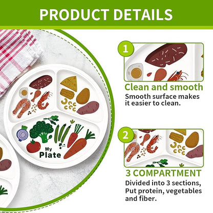 10" 3-Grid Cute Cartoon Portion Control Plate - Melamine, Healthy Nutrition for Weight Loss & Diabetes Management, Ideal for Adults & Teens Kids (1 Pack)
