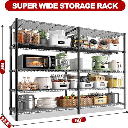 REIBII 5 Tier Wire Shelving Storage Shelves Loads 1430LBS, 58" W Metal Shelving Unit for Storage Adjustable Heavy Duty Garage Shelving Pantry Shelves Kitchen Shelving, Black, 2 Pack