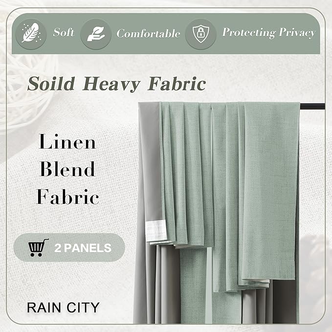 RAIN CITY Light Green Linen Blackout Curtains 102 Inch Long for Living Room,2 Panels Pinch Pleated Drape with Hooks Back Tab Boho Decor, Textured Full Black Out Curtains for Bedroom 50 x 102
