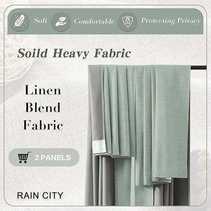 RAIN CITY Light Green Linen Blackout Curtains 84 Inch Long for Living Room,2 Panels Pinch Pleated Drape with Hooks Back Tab Boho Decor, Textured Full Black Out Curtains for Bedroom 50 x 84