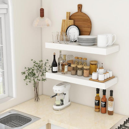 Deep Floating Shelves | 30 Inch Floating Shelves for Wall Set of 2 | 12 Inch Deep White Shelves for Living Room Bathroom Laundry Room Bedroom Kitchen Home Office - White
