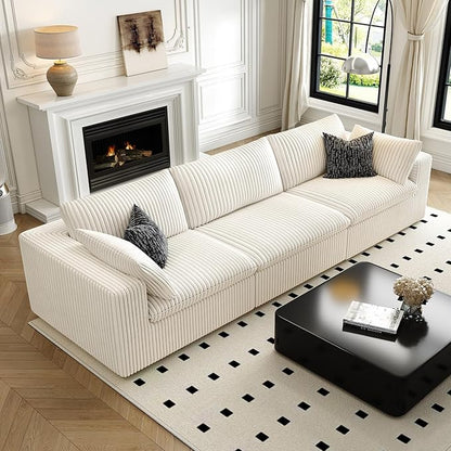 118" Cloud Couch Modular Sectional Sofa for Living Room,Modern Sofa with Deep Seat，3 Seater Boneless Couch,Comfy Upholstered Corduroy Couches for Apartment, Studio, Office,Bedroom，White