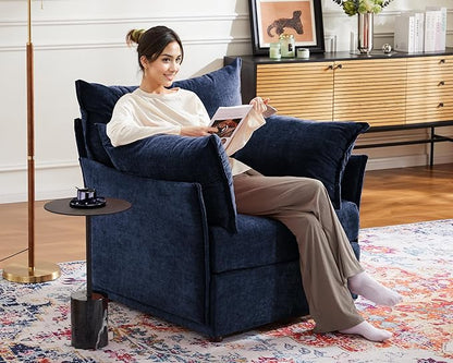 Oversized Accent Chair, Upholstered Modern Sofa Chair with Removable Backrest & Detachable Cover, 24.5" Deep Seat Large Reading Armchair for Living Room Bedroom Office - Chenille Blue Set of 2