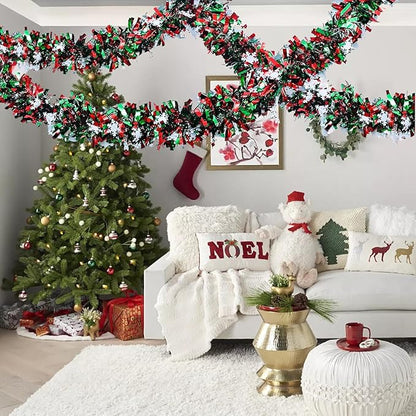 50 Feet Green Red Christmas Metallic Tinsel Twist Hanging Garland with Snowflake for Home Mantle Xmas Tree Staircase Railing New Year Holiday Party Indoor Outdoor Decorations