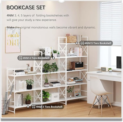 4NM 6 Tiers No Assembly Book Shelves, 61.8" H Folding Bookshelf Bookcase Open Industrial Foldable Shelves for Bedroom, Living Room, Home Office - All White