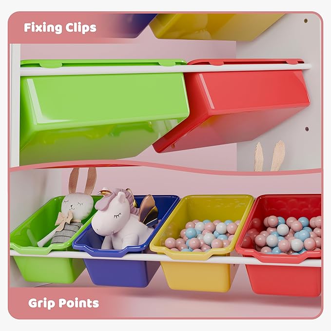 Xilingol Kids Toy Storage Organizer W/8 Removable Toy Bins, 4-Tier Toy Organizers W/6 Storage Cubbies, Kid Bookshelf and Toy Storage for Playroom, Bedroom, Kids Room, Classroom