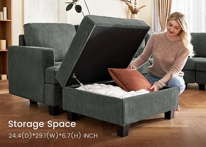 Nolany Corduroy Sectional Couch with Storage Ottoman, Sleeper Sectional Sofa with Chaise, Modular Sectional Couches for Living Room, Green