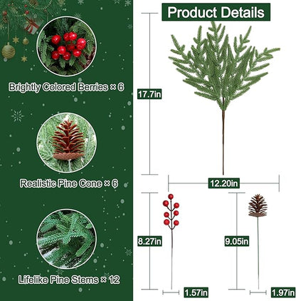 24 Pcs Christmas Norfolk Pine Stems, Realistic DIY Artificial Pine Branches for Christmas Decorations