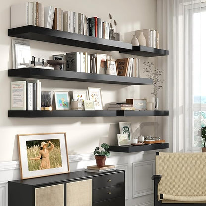 Black Floating Shelves for Wall - 55 Inch Wide x 12 Inch Deep Wall Shelves Set of 1 - Rustic Black Wood Shelves for Living Room, Bathroom, Laundry Room, Bedroom, Kitchen, Home Office
