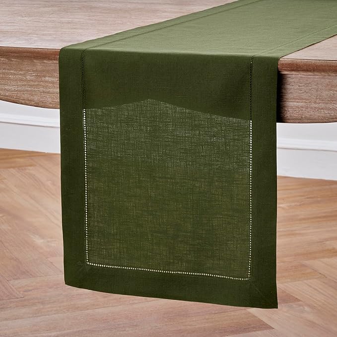 Solino Home Linen Olive Table Runner 120 Inches Long - 100% Pure Linen Hemstitch 14 x 120 Inch Table Runner for Dining, Fall, Autumn, Thanksgiving - Classic Hemstitch