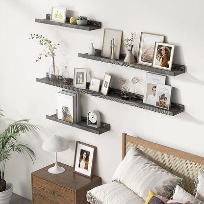 Picture Ledge Wall Shelves - Set of 3, 16 Inch Width, Solid Pine Wood Rustic Floating Ledge Shelves for Kids' Room, Bedroom, Kitchen, Bathroom, Living Room, Nursery Display Decor, Grey