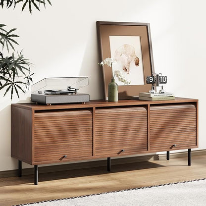 59 Inch TV Stand with Power Outlet for TVs up to 65 Inch, Entertainment Center with Storage, Mid-Century Modern TV Console, Adjustable Shelf & Sliding Doors, TV Stand for Living Room, Bedroom, Walnut
