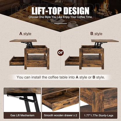 Rolanstar Coffee Table, Lift Top Coffee Table with Drawers and Hidden Compartment, Retro Central Table with Wooden Lift Tabletop, for Living Room,Rustic Brown