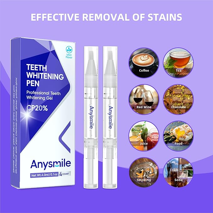 Teeth Whitening Pens Non Sensitive Teeth Whitener Gel with Effective 20% Carbamide Peroxide, 4 Professional Tooth Whitening Gel Pens 2ml/Pen