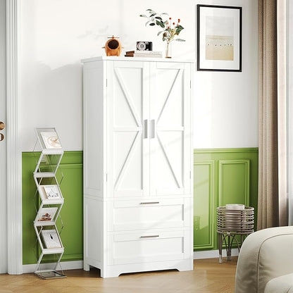 50.4" H Bathroom Storage Cabinet, Modern Floor Cabinet with Adjustable Shelf, Small Pantry with 2 Doors & Drawers, Storage Cabinet for Bathroom, Living Room, Kitchen, White KES007WCWG