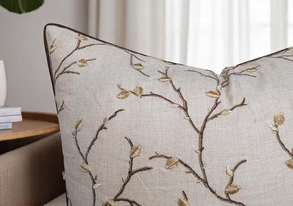 VAGMINE Embroidered Pussy Willow Throw Pillow Cover - 20x20 Inches Square - 100% Linen Natural Throw Pillowcase - Elegant Neutral Floral Design - Minimalist Rustic Home Accent for Sofa, Bed, Lounge