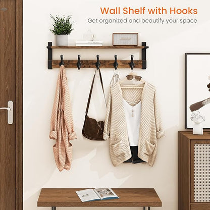 Homode Coat Rack Wall Mount, 29 Inch Long Shelf with Hooks, Wood Entryway Shelf with 5 Hangers for Hanging Hat Jacket Backpack Purse, Rustic Brown Black