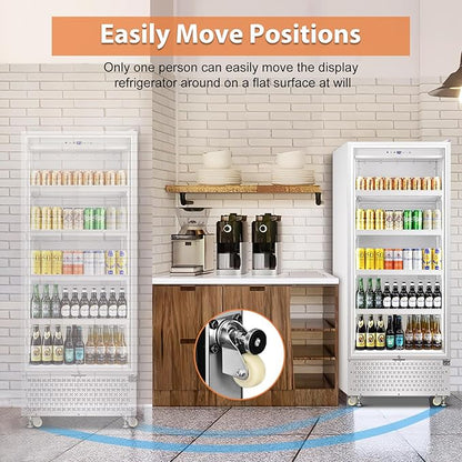 Tylza Commercial Refrigerator with Glass Door Display Beverage Fridge, 14.8 Cu Ft Upright Beverage Cooler Merchandiser with Rebound Door, Low Noise, Fast Cooling, White