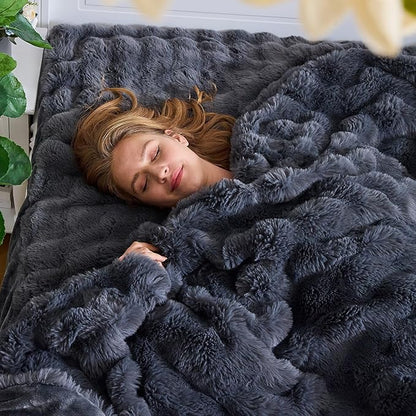 Lotus Karen Faux Fur Throw Blanket Dark Gray - Big Bubble Rabbit Fluff Blanket for Couch, Small Fluffy Fuzzy Cozy Blanket, Thick Furry Plush Shaggy Blankets, 50x60 Inches