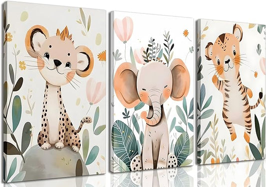 3 Pcs Safari Animals Nursery Canvas Wall Art Jungle Animals Cheetah Elephant Tiger Kids Room Illustration Pictures Wall Decor Posters Print Artwork for Classroom Boy's Girl's Room Bedroom