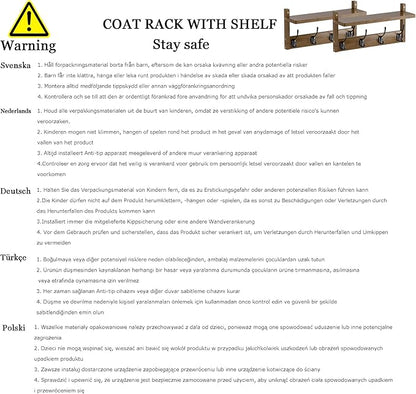 Coat Rack with Shelf Wall Mount, Entryway Bamboo Hanging Shelf, Set of 2, Wall Hook Rail for Hallway Décor, Storage Clothe, Hat, Robe, Key, Dog Leash (Walnut)