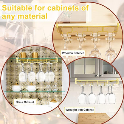 AUHOKY Adjustable Wine Glass Holder Under Shelf, Nail Free Metal Stemware Holder Storage Hanger, Hanging Wine Glasses Rack Organizer Under Cabinet Mount for Bar Kitchen (4 Rows, Gold)