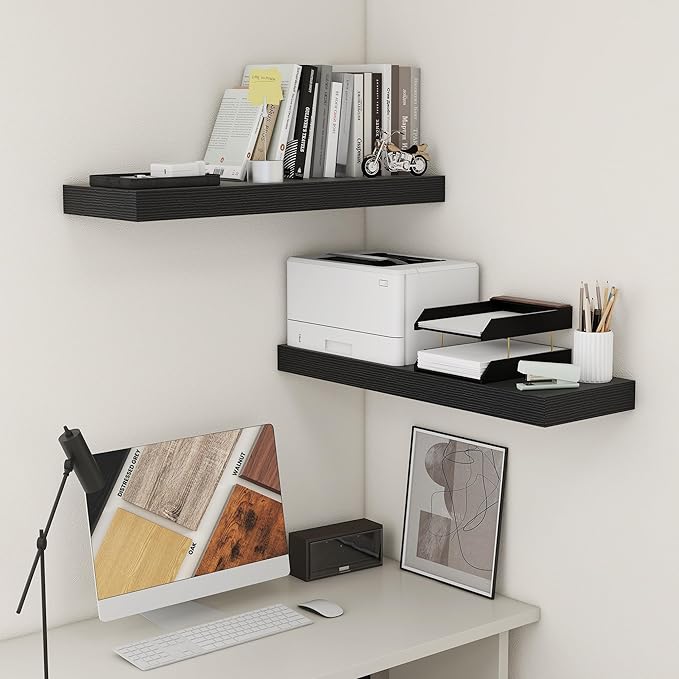 Deep Floating Shelves for Wall, 12'' Deep Large Floating Shelves Set of 2, 36 Inch Distressed Black Wood Shelves for Living Room Bathroom Laundry Room Bedroom Kitchen Home Office - Black