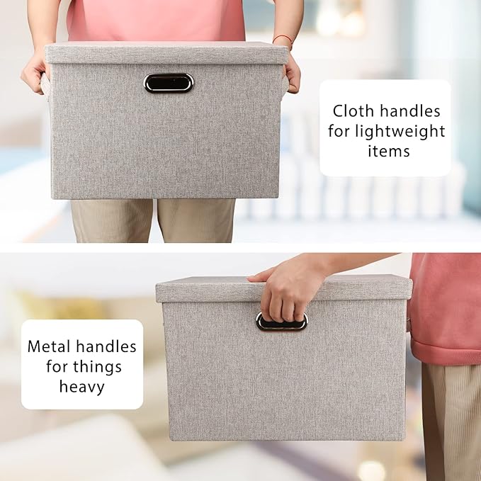Large 17" 36 Quart Collapsible Stackable Storage Bins with Lids, 3 Packs Beige Linen Fabric Closet Boxes with Lids, Storage Cube Baskets Container Organizers for Bedroom Office(17 x12 x11)