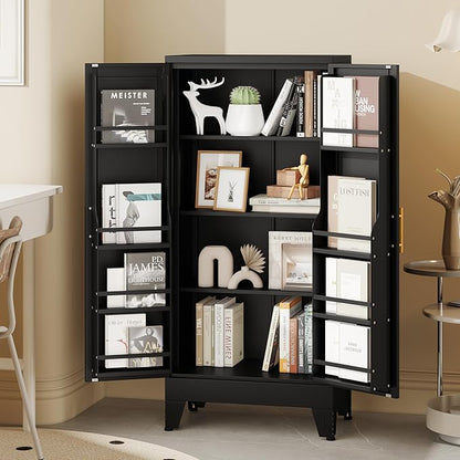 51" Kitchen Pantry Cabinet, Metal Storage Cabinet with 3 Adjustable Layer Shelves, 8 Door Shelves, Buffet Sideboard for Living Room, Kitchen, Black