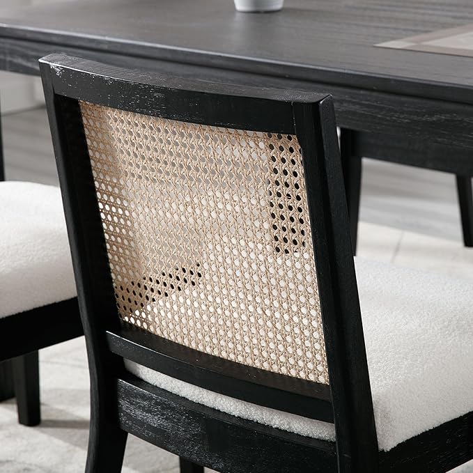 VESCASA Upholstered Dining Chairs with Square Rattan Back, Armless Padded Sherpa Fleece Cushion Dining Chairs with Wood Legs for Dining Room, Kitchen, Set of 2, Black Frame