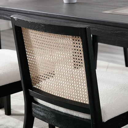 VESCASA Upholstered Dining Chairs with Square Rattan Back, Armless Padded Sherpa Fleece Cushion Dining Chairs with Wood Legs for Dining Room, Kitchen, Set of 2, Black Frame