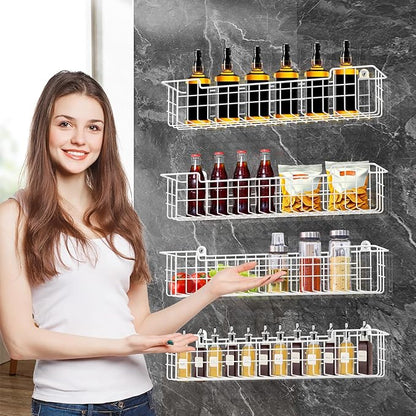 Spice Rack, 4-Pack Seasoning Organizer Wall Mount for Kitchen Storage Organization, Spice Holder Metal Shelf Saving Space for Cabinet, RV, Pantry, White