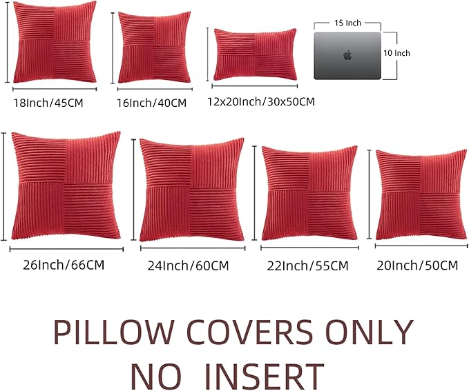 Fancy Homi 2 Packs Red Decorative Throw Pillow Covers 18x18 Inch for Living Room Couch Bed Sofa, Rustic Boho Farmhouse Home Decor, Soft Corss Corduroy Patchwork Textured Square Cushion Case 45x45 cm