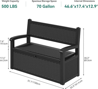 YITAHOME 70 Gallon Storage Bench Deck Box, Lockable Patio Bench, Waterproof Outdoor Pool Deck Storage for Patio Cushions, Garden Tools and Pool Supplies, Black