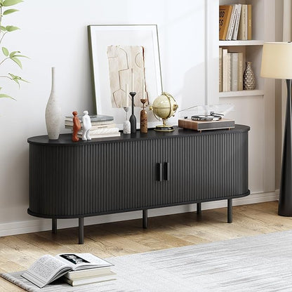 63" TV Stand with Power Outlet, Modern Media Console with Sliding Doors, Entertainment Center for TVs up to 60 Inch, Adjustable Shelves, Black
