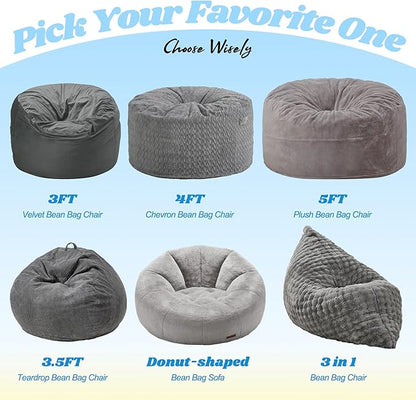 Hobestluk 3 in 1 Bean Bag Chair Giant Bean Bag Chairs for Adults with Bubble Cover Convertible Bean Bag Floor Cushion with Machine Washable Cover for Living Room (Bubble Grey)