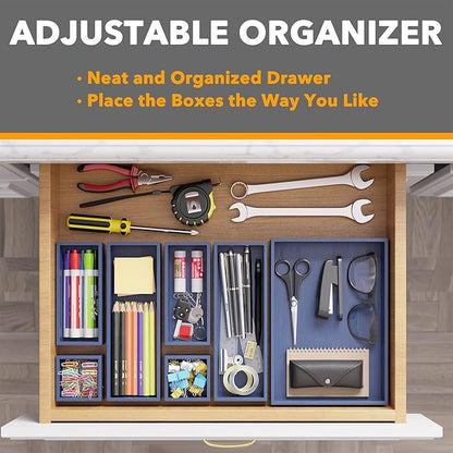 SpaceAid 7-Piece Bamboo Drawer Organizer Storage Boxes Set, Wood Tray Junk Drawer Organizers Multi-Use Divider Bins for Kitchen, Bathroom, Office Desk and Makeup Organization (7 Pack, Navy Blue)