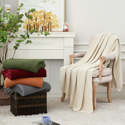 Chunky Cable Knit Throw Blanket Lightweight Burnt Orange 100% Organic Cotton Blanket for Sofa Couch Bed Baby Nursery, Rustic Shabby Chic Modern Farmhouse, 60” x 80” Give Laundering Bag
