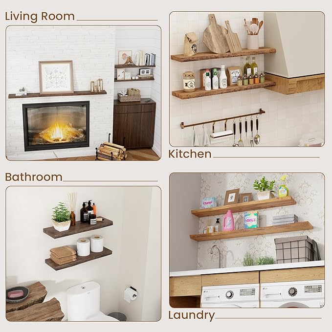 Floating Shelves for Wall Decor, Rustic Solid Elm Wood Floating Shelves Wall Mounted, Wall Shelves with Invisible Bracket for Living Room Bathroom Bedroom Kitchen, 72 Inch, Walnut