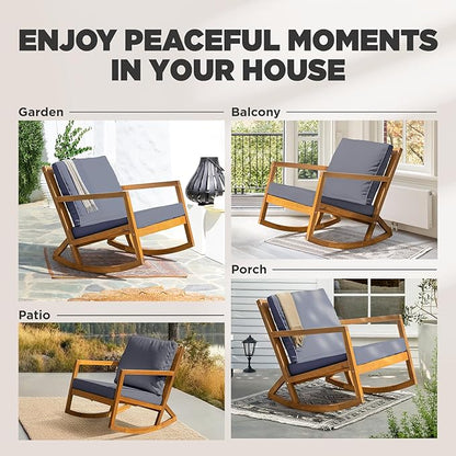 IDZO Premium Club Rocking Chair 500lbs Capacity with Inclined Backrest, Thick Foam Cushion, Solid Acacia Wood Rocker for Patio, Backyard, Balcony, Porch